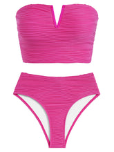 Womens Bandeau Bikini Sets Sexy Removable Shoulder Strap Two Piece Swimsuit High Cut Cute Ribbed Ladies Bathing Suit